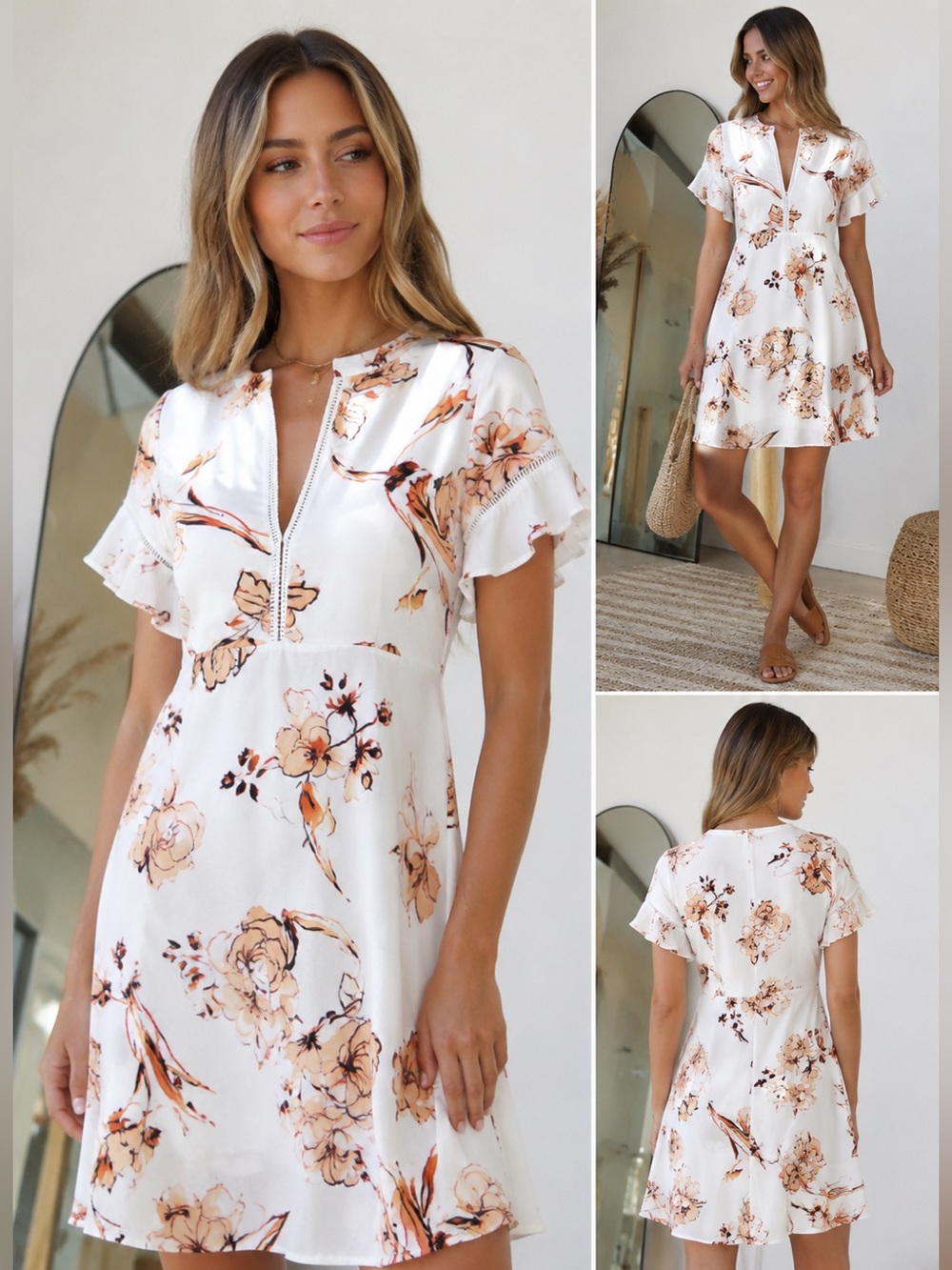 fab'rik White Dress with Peach Floral Print Small